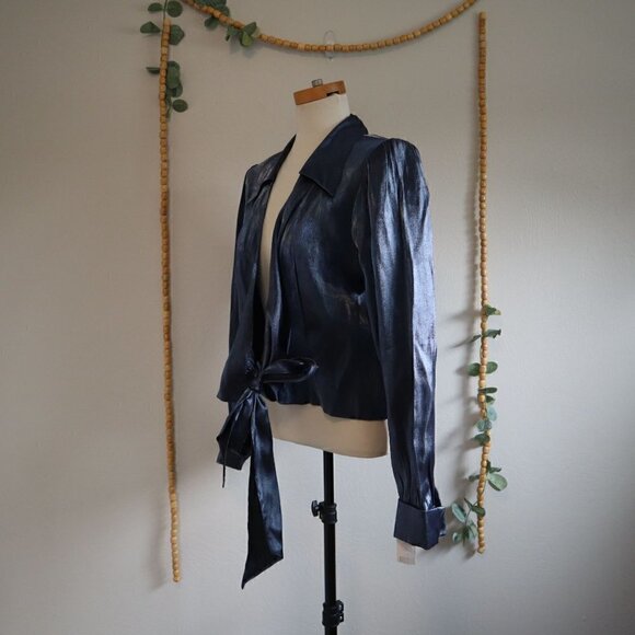 NWT Vintage Conrad C Collections Satin Blue Wrap Blouse Size 8 - Picture 7 of 10